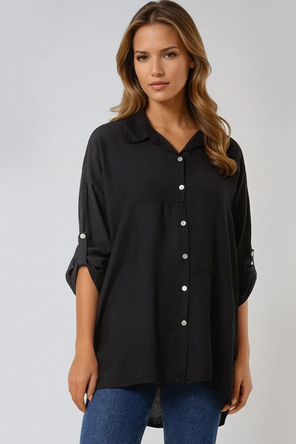 Black Relaxed Fit Roll Sleeve Shirt