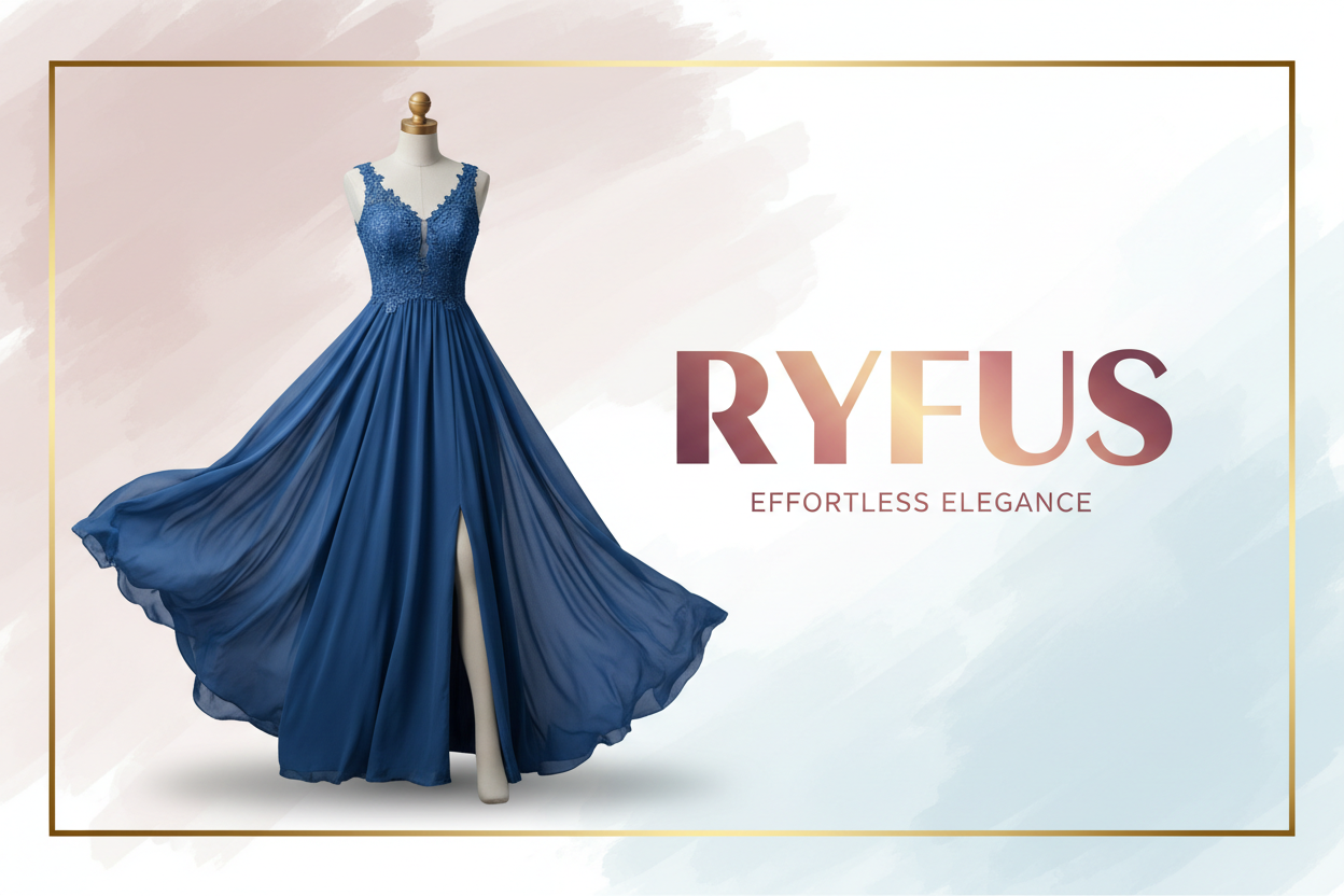 Create a banar add text Ryfus with maxi dress