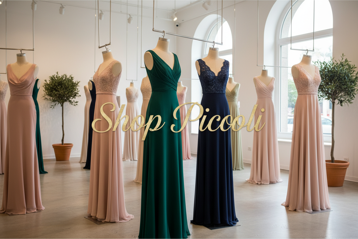 Create a slide image with women dress and add name of middle Shop Piccoli 